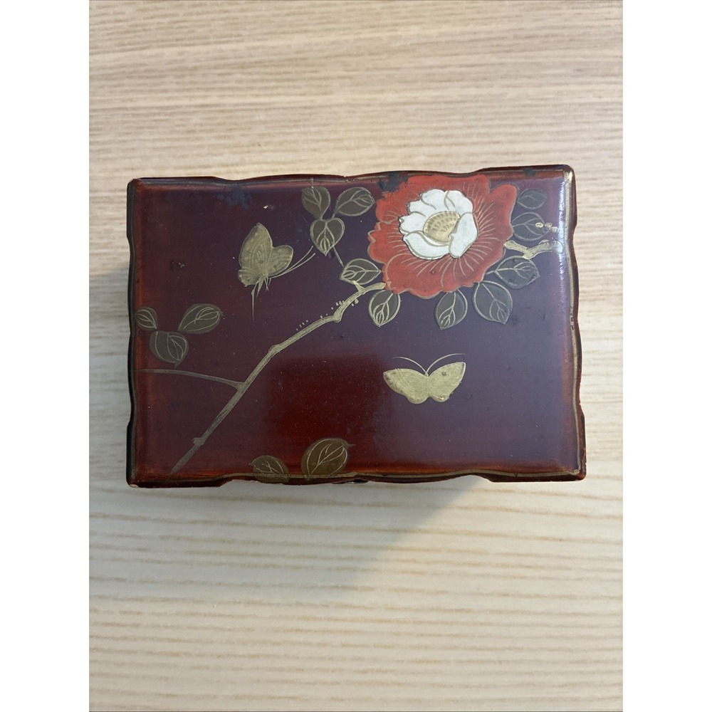 Vintage Lacquered‎ Wooden Jewelry Box with Flowers and Butterflies Made in Japan